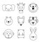 Outlined cute lion face, tiger faced, elephant face, giraffe face, squirrel face, fox face, monkey face, hippo face, bunny face