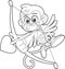Outlined Funny Monkey Cupid Cartoon Character With Bow And Arrow Flying