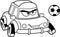 Outlined Funny Red Car Cartoon Character Playing Football