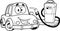 Outlined Happy Cute Car Cartoon Character At Gas Station Being Filled With Fuel