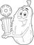 Outlined Happy Pickle Cartoon Character Holding A Pickleball Trophy