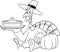 Outlined Happy Thanksgiving Turkey Pilgrim Cartoon Characters Sitting Holding A Pumpkin Pie