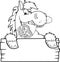 Outlined Horse Cartoon Character over A Blank Wood Sign biting a Bouquet