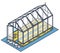 Outlined isometric greenhouse with glass walls, foundations, garden bed
