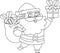 Outlined Santa Claus Cartoon Character Holding Up A Gift Box