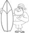 Outlined Santa Claus Cartoon Character With A Surfboard Giving A Thumb Up