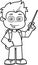 Outlined School Boy Cartoon Character Holding A Pointer And Speak