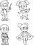 Outlined School Kid\\\'s Cartoon Characters In Different Poses. Vector Hand Drawn Collection Set