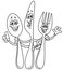 Outlined spoon knife and fork cartoon
