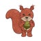 Outlined textured illustration of a  funny cartoon squirrel  with acorn