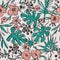 Outlines jungle flowers seamless pattern. hand-drawn botanical illustration.