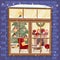 Outside brick wall with window - Christmas tree, furnuture, wreath, fireplace, stack of gifts and pets. Cozy festively decorated