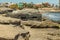 Outside detailed view of loophole of old military bunker on the south coast of El Medano. Tenerife, Canary Islands, Spain