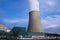 Outside wide angle shot of GÃ¶sgen Nuclear Power Plant in Switzerland on a nice autumn day with blue sky and white clouds huge