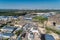 The outskirts of a big city. Aerial view, sunny summer day.