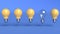 Outstanding light bulb among blue light bulbs Business concept Interior design Creative idea Incandescent lamp pulsates