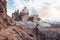 Outstanding view. Mountains in the fog and clouds. Tre Cime di Lavaredo