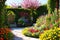 The Outstanding View of a Sunlit Garden with Blooming Flowers Behind the House