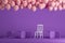 Outstanding white chair with floating pink balloons in violet pastel background room studio.