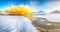 Outstanding  winter scenery on Skagsanden beach with illuminated clouds during sunrise