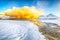 Outstanding  winter scenery on Skagsanden beach with illuminated clouds during sunrise