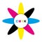 Oval of CMYK colours with circle on white background. Concept for presenting colour printing and advertising.