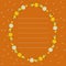 Oval frame with honeycombs, bees, flowers. Orange background with flying petals. Dotted line, place for text. Vector illustration