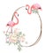 Oval frame with pink flamingo and peony flower. Copy space for design