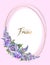 Oval gold frame with a garland of flowers. Wedding invitation