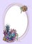 Oval gold frame with succulents. Vector illustration.