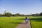 Oval Green lawn and pathway at Stanford University entrance