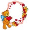 Oval label with red roses and cute teddy bear holding a big hear