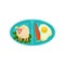 Oval lunch box with food. Fried egg with carrot and rice in shape of cute sheep. Plastic tray with tasty meal. Flat