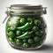 Oval shaped jar of jalapeno peppers with a metal lid, close u
