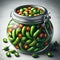 Oval shaped jar of jalapeno peppers with a metal lid, close u