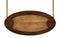 Oval signpost made of natural wood with dark brown wooden frame hanging on ropes