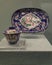 Oval tea tray and tureen patterned with figures and copper tire painted enamel twined flowers and fruits