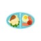 Oval tray with tasty food. Blue plastic lunch box with mashed potatoes, chicken leg, fried egg with meat and tomato