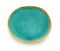 Oval turquoise ceramic plate with yellow border isolated on a white background. Empty crockery for food design. Modern clay,