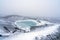 Ovelooking ice covered Viti volcanic crater near Krafla geothermal area in Iceland.