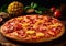 Oven baked hawaiian pizza with ham and pineapples on wooden table.Macro.AI Generative