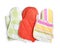 Oven gloves and potholders for hot dishes on white background, top view