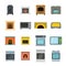 Oven stove furnace fireplace icons set, flat style