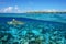 Over under island and shark underwater Rangiroa