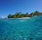 Over under island shore school of fish underwater