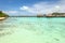 Over water bungalows into amazing green lagoon at Bora Bora island
