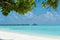 Over water bungalows in the ocean, view from beach with tree