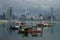 Overcast day in Panama City - view Over Panama Bay with skyline and fishing boats on the foreground