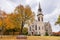 Overcast fall color landscape of Stone Chapel of the Drury University