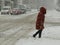 Overcast. Natural disasters winter, blizzard, heavy snow paralyzed city car roads, collapse. Snow covered cyclone